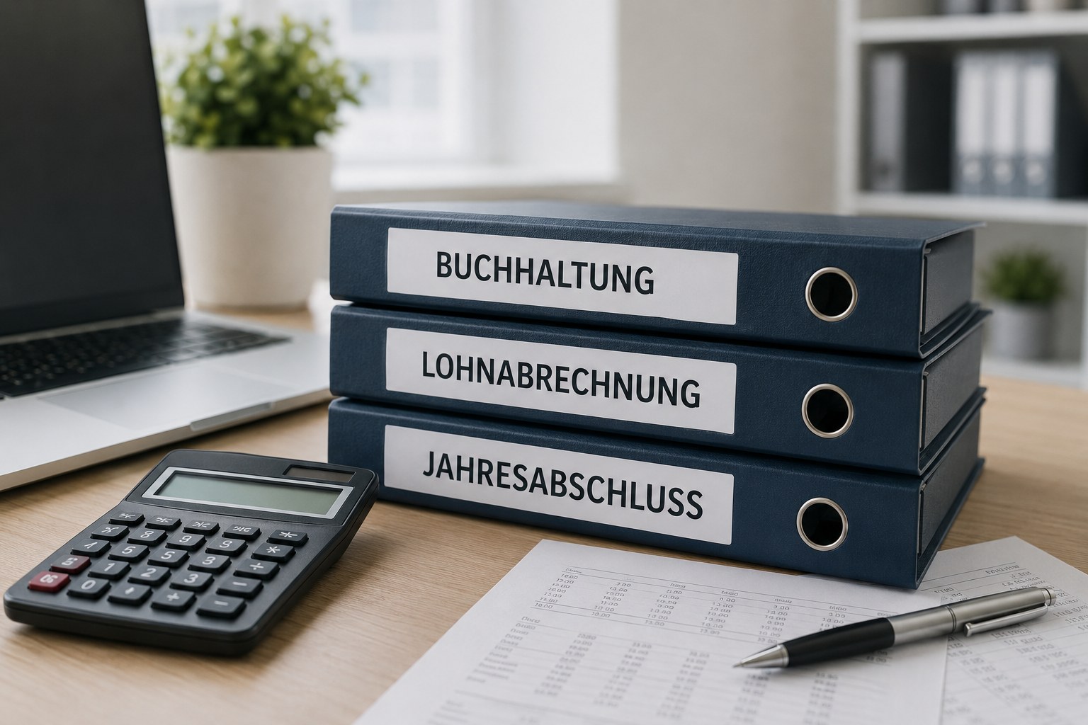 Zwei navy-blaue Ordner mit Buchhaltungsunterlagen auf einem Schreibtisch