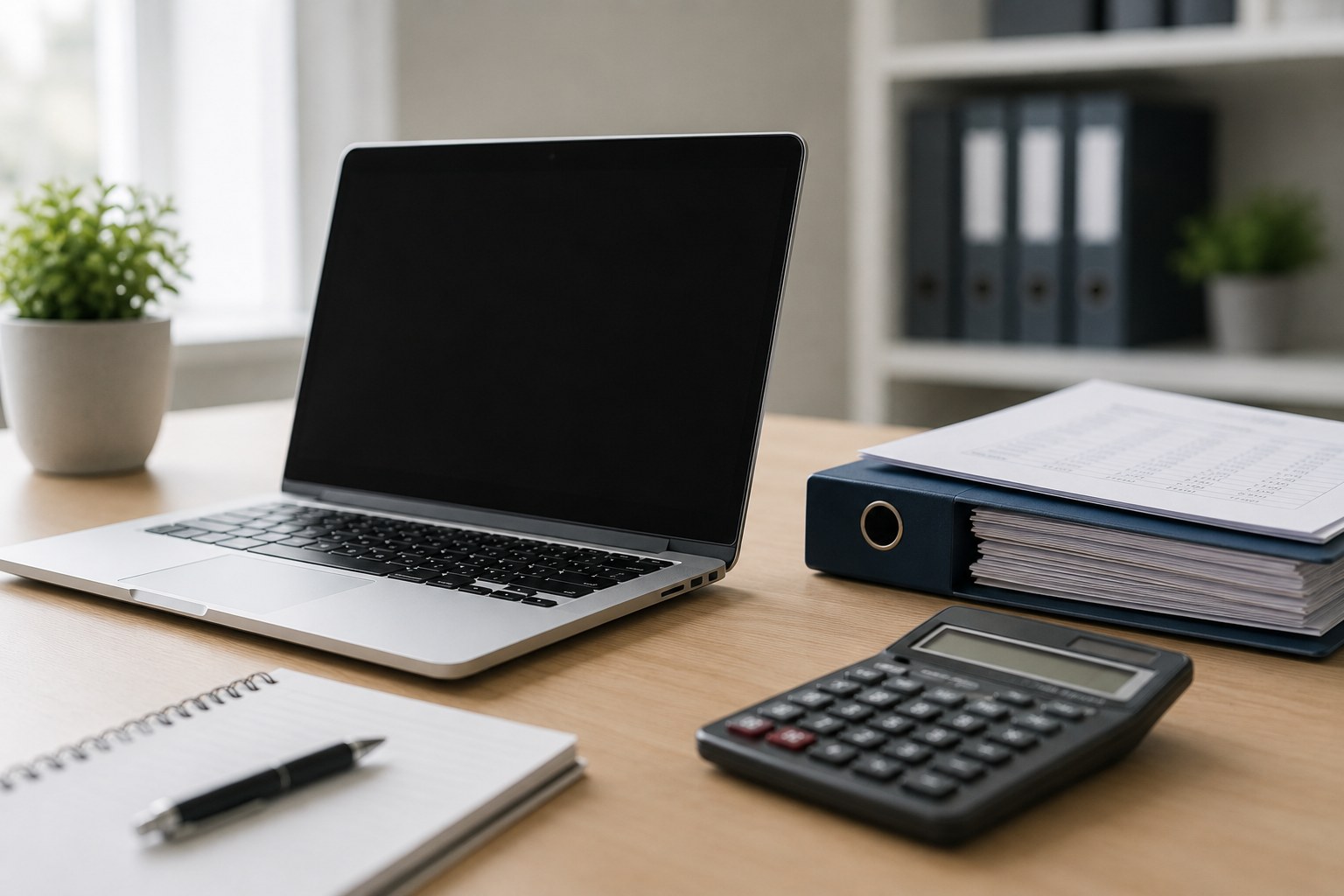 Aufgeräumter Büro-Schreibtisch mit Laptop, Taschenrechner und Ablage